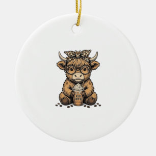 Süße Highland-Kuh Kaffee Vintage-Vector-Shirt_1 Keramik Ornament