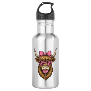 Süße Highland-Kuh mit rosa Herzbrille Vektor_1 Edelstahlflasche