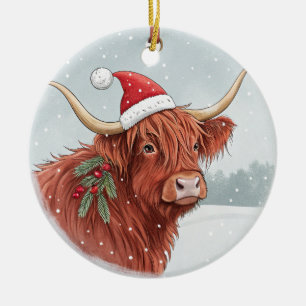 Süße Highland-Kuh Weihnachten Weihnachtsmannmütz Keramik Ornament