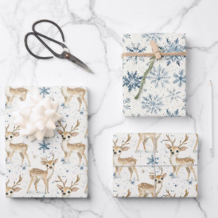Süße Hirsch Blau Weihnachten Schneeflocken Geschenkpapier Set