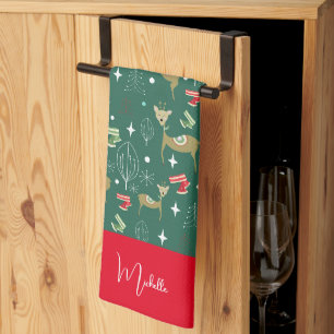 Süße Hirsche mit Weihnachtsbäumen und Schneeflocke Geschirrtuch