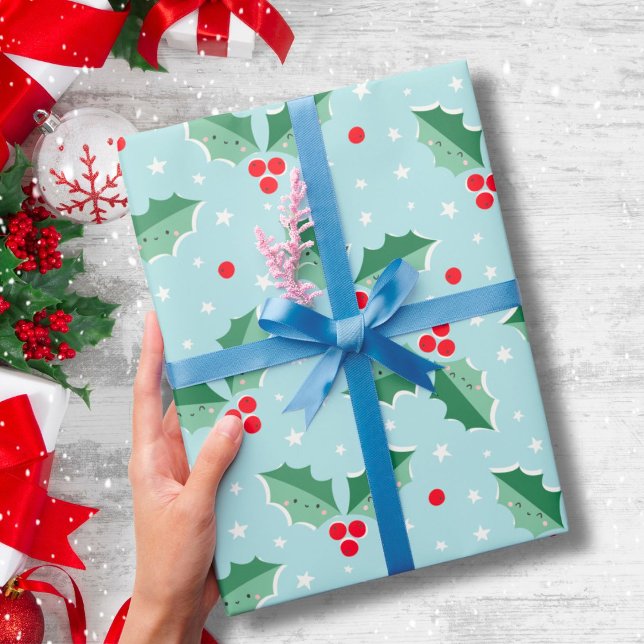 Süße Holly-Beeren Weihnachten hellblau Geschenkpapier (Von Creator hochgeladen)