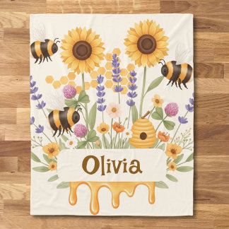 Süße Honigbiene Sonnenblume und Lavendel Blumen Fleecedecke