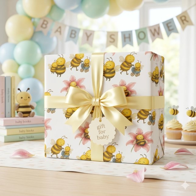 Süße Hummel-Mutter & Babybiene  Geschenkpapier (cute bumblebees wrapping paper for baby showers and mom to bee gifts )