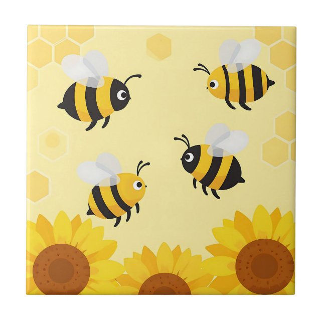 Süße Hummeln Sonnenblumen Wabenmuster Fliese (Vorderseite)