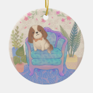 Süße Hündchen-Illustration auf antiker Armlehne Keramik Ornament
