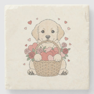 Süße Hündchen-Illustration mit Herz und Rosenkorb Steinuntersetzer
