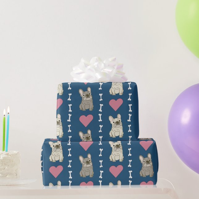 Süße Hunde, Frenchie, Herzen und Knochen Geschenkpapier (Partygeschenke)