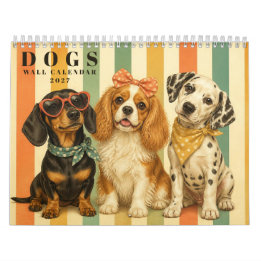Süße Hunde in Retro-Streifen, farbenfrohe Haustier Kalender