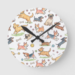 Süße Hunde spielen überall Runde Wanduhr