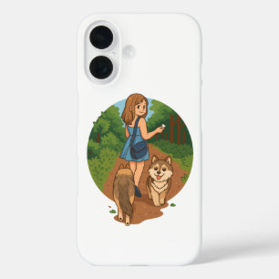 Süße Hundemutter führt Welpen auf Waldweg Illustra iPhone 16 Hülle