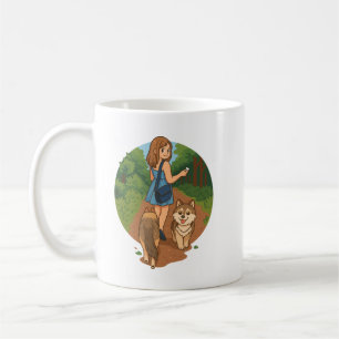 Süße Hundemutter führt Welpen auf Waldweg Illustra Kaffeetasse