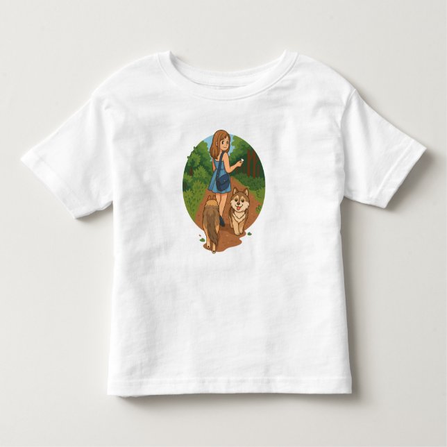 Süße Hundemutter führt Welpen auf Waldweg Illustra Kleinkind T-shirt (Vorderseite)