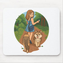 Süße Hundemutter führt Welpen auf Waldweg Illustra