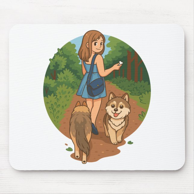 Süße Hundemutter führt Welpen auf Waldweg Illustra Mousepad (Vorne)