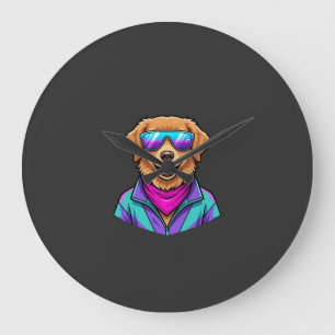 Süße Hundesonnelbrille Retro Neon Kunst_1 Große Wanduhr