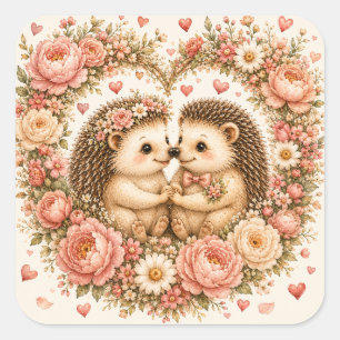 Süße Igel in Liebe Florales Herz Valentinstag Quadratischer Aufkleber