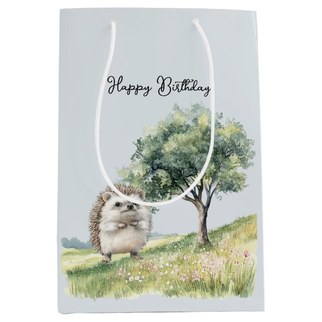 Süße Igelwiese mit Baum Geburtstag Mittlere Geschenktüte (Vorderseite)