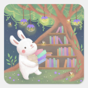 Süße Illustration einer buchverliebten Hasen Quadratischer Aufkleber