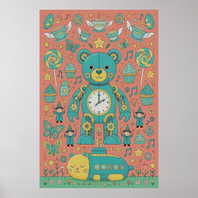 Süße Illustration eines beschäftigten Teddybären Poster (Vorne)
