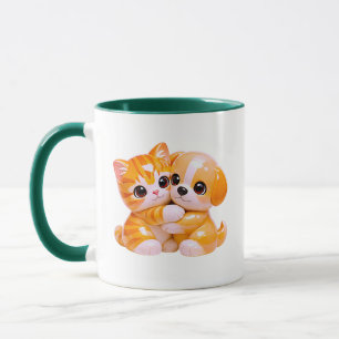 Süße Illustration von Kätzchen und Welpen, die sic Tasse