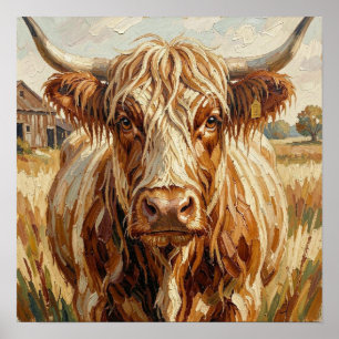 Süße Impasto-Kuh auf rustikaler Ranch Poster