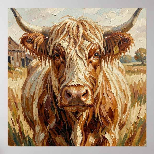 Süße Impasto-Kuh auf rustikaler Ranch Poster (Vorne)