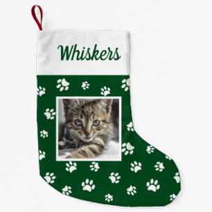 Süße individuelle Katzenfoto-Name Grün Weiße Pfote Kleiner Weihnachtsstrumpf