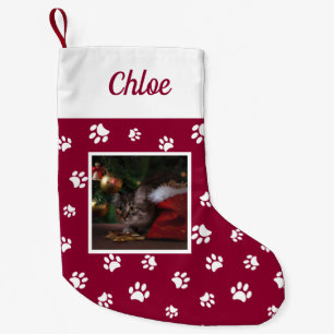 Süße individuelle Katzenfoto-Name Rot-Weiße Pfoten Kleiner Weihnachtsstrumpf