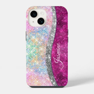 Süße irisierende rosa silberne falsche Glitter-Mon iPhone 14 Hülle