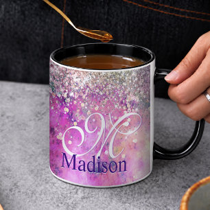 Süße irisierende silberne falsche Glitter-Monogram Tasse