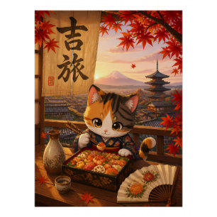 Süße japanische Anime-Katze Kimono Mount Fuji Herb Poster