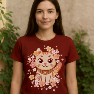 Süße japanische Neko-Katze mit Kirschblüten T-Shirt