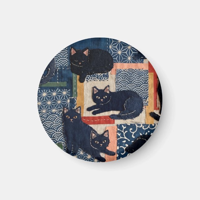 Süße japanische schwarze Katzen Patchwork  Magnet (Vorne)