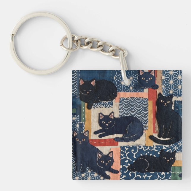 Süße japanische schwarze Katzen Patchwork  Schlüsselanhänger (Vorderseite)