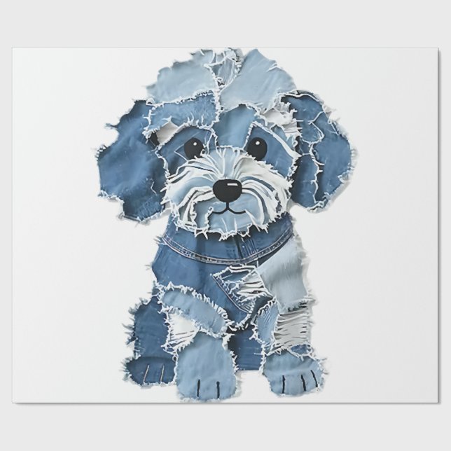 Süße Jeans-Patchwork-Hunde-Illustration Geschenkpapier (Flach)