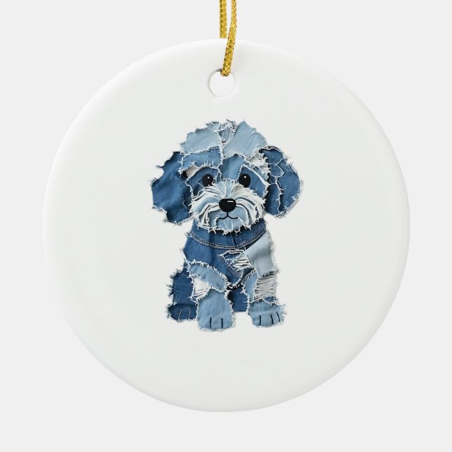 Süße Jeans-Patchwork-Hunde-Illustration Keramik Ornament (Vorne)