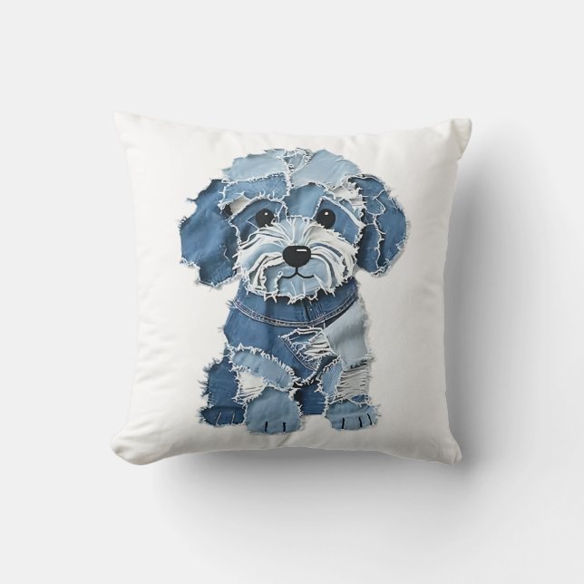 Süße Jeans-Patchwork-Hunde-Illustration Kissen (Vorderseite)