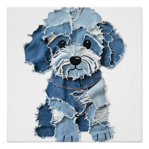 Süße Jeans-Patchwork-Hunde-Illustration Poster