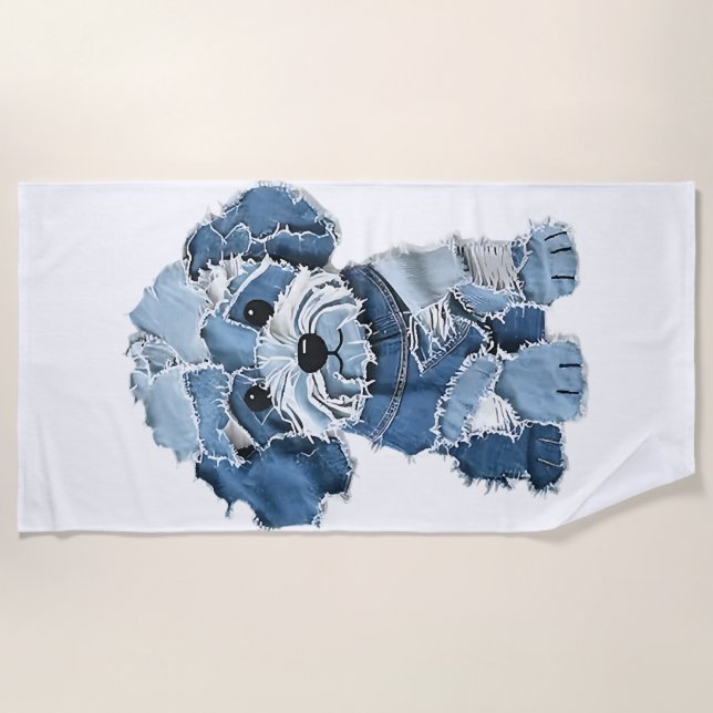 Süße Jeans-Patchwork-Hunde-Illustration Strandtuch (Vorderseite)