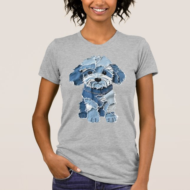 Süße Jeans-Patchwork-Hunde-Illustration T-Shirt (Vorderseite)