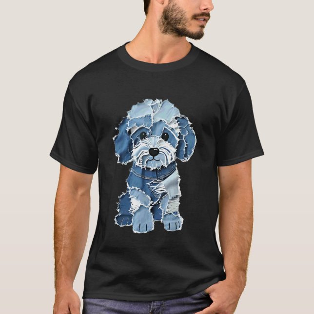 Süße Jeans-Patchwork-Welpenhund-Kunst T-Shirt (Vorderseite)