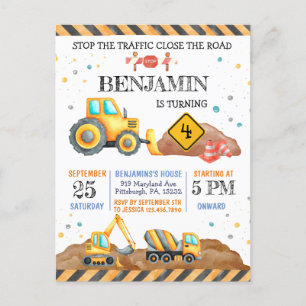 Süße Jungen-Geburtstagsfeier mit Baustellenfahrzeu Postkarte