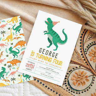 Süße Jungen T-Rex Dinosaurier Kinder 4. Geburtstag Einladung