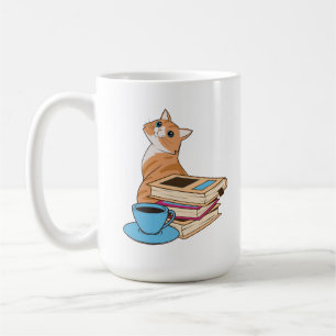Süße Kaffeetasse mit Katzen, Büchern und Kaffee