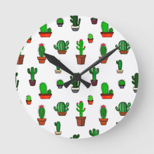 Süße Kaktus-Illustrationen Muster Weiß Runde Wanduhr