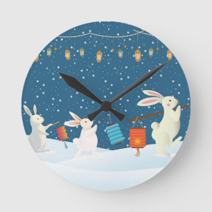 Süße Kaninchen Laternenparade durch den Schnee Runde Wanduhr