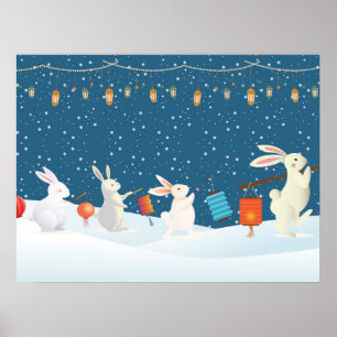 Süße Kaninchen Laternenparade durch Schnee Weihnac Poster