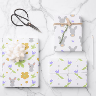 Süße Kaninchen Lila Blumen  Geschenkpapier Set