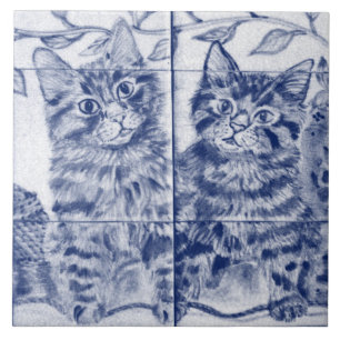 Süße Kätzchen Blau Weiß Vintage Haustier Katze Cot Fliese